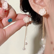 【E.five】 Advanced Sense Earrings Vintage Camellia Flower Pearl Pendant Earrings Tassel Earrings E