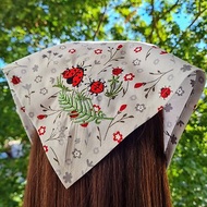 Ladybug embroidered bandana, triangle headscarf with ties, hair kerchief cotton