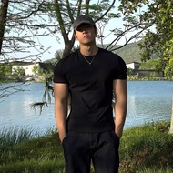 Small Neckline t-Shirt Men Summer Black American Retro Short-Sleeved Shoulder Bottoming Half-Sleeved