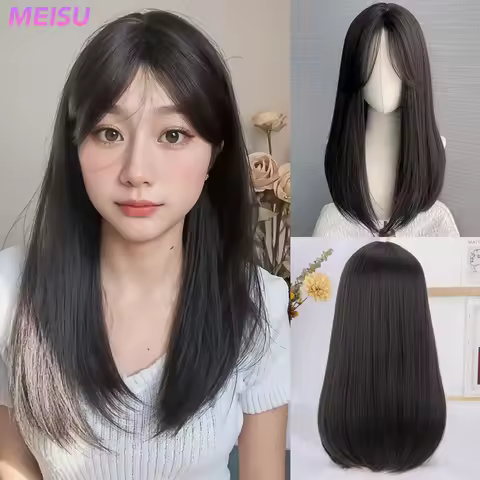 MEISU 18 Inch Synthetic Bob Wigs BLack Brown Medium Length Straight Hair Fiber Heat-Resistant Natura
