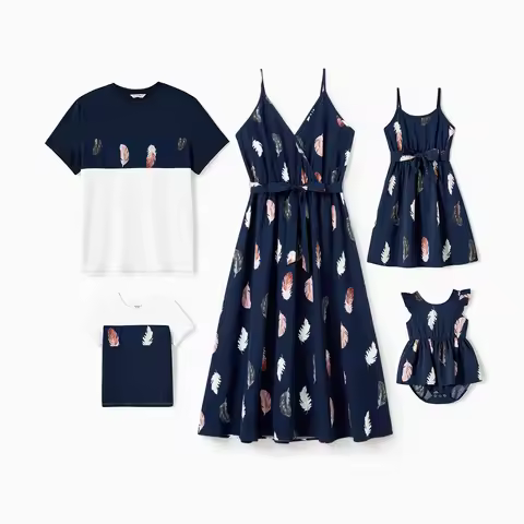 PatPat Family Matching Allover Feather Print Belted Cami Dresses and Short-sleeve Spliced Tee Sets