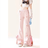 【宝贝当家旗舰店】 甜辣粉色蝴蝶结裤子女喇叭裤开叉格子绑带设计感长裤Sweet and spicy pink bow pants, women's bell bottoms, spli 【0606Rs