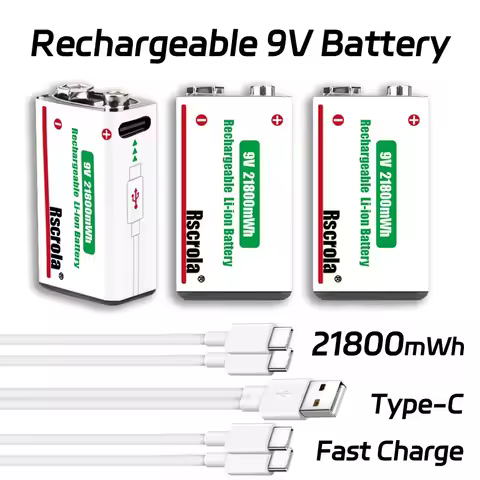 Rechargeable 9V Battery USB-C Charge,21800mWh Long-lasting 9V Li-Ion Battery with Free Cable,for Smo