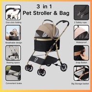 3 in 1 Foldable Pet Stroller Household Washable Dog Cat Carrier Outdoor 4 Wheels Lightweight Trolley
