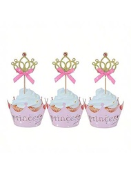 20件皇冠杯子蛋糕裝飾,閃爍公主蝴蝶結皇冠生日蛋糕裝飾,嬰兒沐浴派對裝飾用品