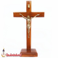 Teak Wood Table Sitting Cross Corpus Statue of Jesus INRI Metal 30 cm