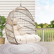 Foldable Wicker Chair,Hanging Egg Chair, Hammock Chair,Swing Chair with Cushion and Pillow, Rattan Chair,Lounging Chair for Indoor Outdoor Bedroom Patio Garden (Beige Without Stand)