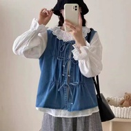 denim vest woman denim suit woman Japanese Denim Pleated Laced-Up Vest - Retro Stylish Waistcoat