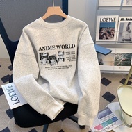 Trendy Round Neck Sweatshirt Women 2025 Spring White Gray Loose Lazy Style Top Mid-Length Jacket I5Q