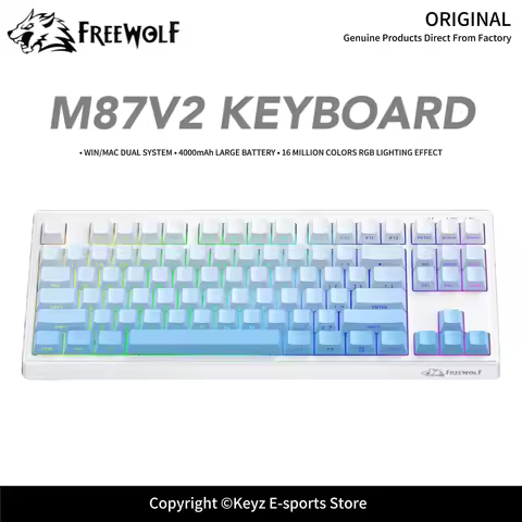 Tri-Mode Gaming Keyboard FREEWOLF M87V2 4000mAh Super Battery Life Soft Silicone Silent Typing RGB B
