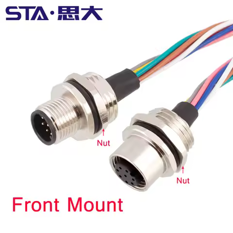 30cm M12 Male Front Panel Mount Connectors 4 5 6 8 12 17 Pin A B C D Code Type PG9 Hole 22AWG 24AWG 