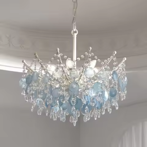 French K9 Crystal Chandelier Luxury Vintage Blue/White Natural Shell Pendant Light for Romantic Vill