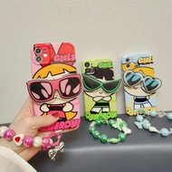 Casing For OPPO A58 A57 A77 2022 A77S A78 FIND X3 X5 Pro RENO Love bow pearl chain Powerpuff Girls Sunglasses Bracelet Luxury 3D Cartoon Hot Bracket Holder Phone Case