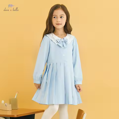 DK3222325 Dave Bella Autumn Girl's 5Y-13Y Fashion Solid Draped Boutique Dress Children Sweet Dress K