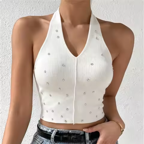 Women White V Neck Halter Knit Cami Tank Top Vertical Rib Rhinestone Stretchy Cropped Summer Club Pa