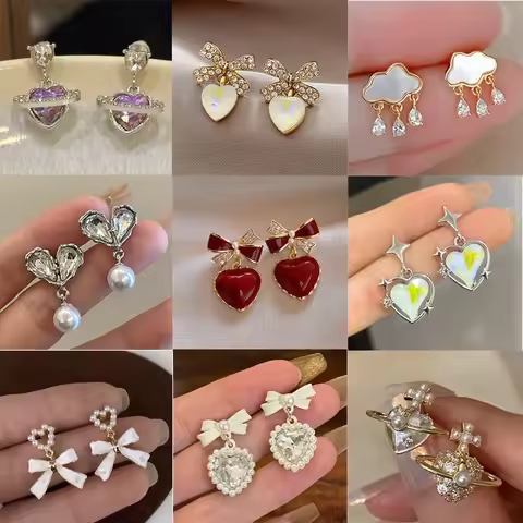 Non Pierced Mini Zircon Heart Clip on Earrings Fashion Temperament Small Heart Pearls Cloud Ears Cli