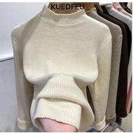 KUEDFEU Turtleneck Sweater, Autumn Winter Elegant Knitted Pullover,  Velvet Lined Warm Sueter Women 