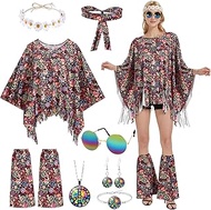 7 Piece Hippie Outfit Set, Hippie Outfits for Women 60s & 70s Including Room Sign Necklace, Earrings