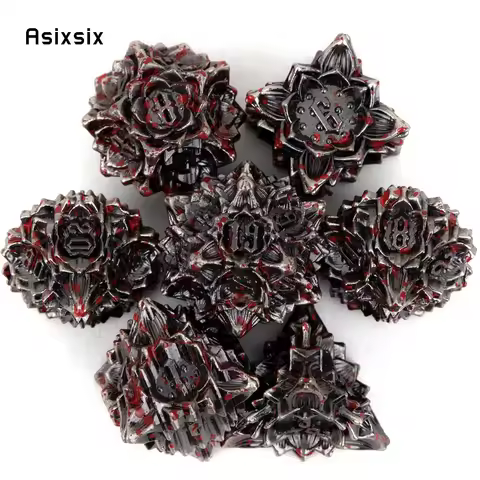 7 Pcs Silver Red Lotus Flower Metal DicePerfect For Rpgs, Board Games, And Card Games.Dice For Games