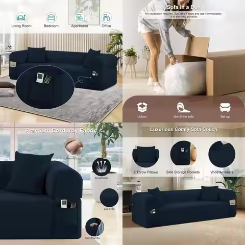 3-Seater Corduroy Floor Sofa in a Box, Memory Foam Cloud Couch with 2 Pillows and Storage, Navy Blue