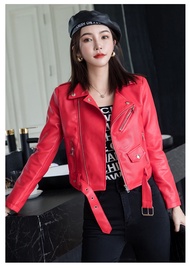 Jaket Kulit Wanita Crop Jaket Kulit Semi Kulit Sabuk Cewek Warna Merah