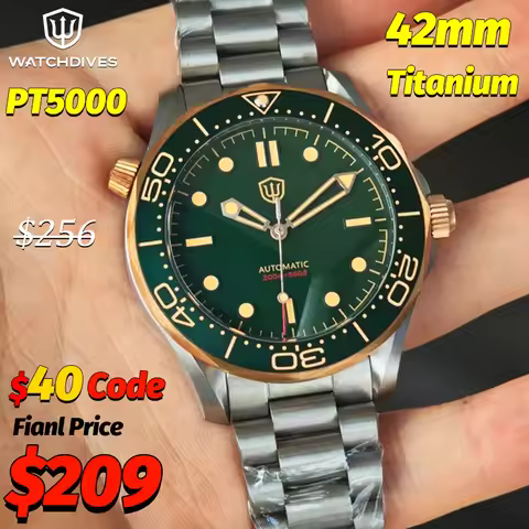 Watchdives WD007 V4 42Mm Titanium Automatic Dive Watch Green Dial 007 NTTD PT5000 Waterproof 20Bar M