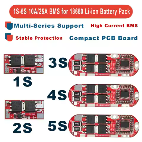 BMS 1S 2S 10A 3S 4S 5S 25A Lithium Battery Protection Board 18650 Li-ion Lipo Charger Overcharge Ove