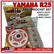 YAMAHA R25 - STT 520 Heavy Duty Sprocket Kit Set with Xring Chain / X-RING Chain (Spring Clip / Rive