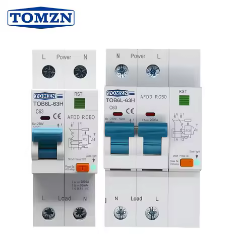 TOMZN 2P AC230V 63A AFDD RCBO C Curve AC Type 35MM DIN Rail Short-circuit Overload Fault Arc Protect