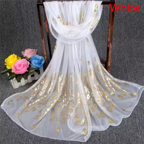 New Fashion High quality Girl Long Silk Scarves Soft Gold Peacock Chiffon Wrap Shawl Pashmina Scarve