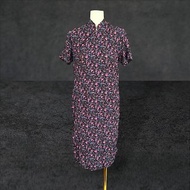 二手 黑紫粉紅 印花 輕薄 略彈性 古董訂製 短袖 旗袍 PF721