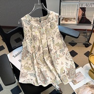 Ammin Pháp Retro Hoa cổ yếm Thời Trang Ruched cổ tròn không tay Off-Shoulder áo cánh vải voan Cho Ph