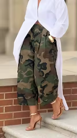 UOOZEE Women's Camouflage Streetwear Cargo Capri Pants 2026 New High Waist Wide Leg Pockets Baggy Cr
