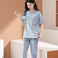 【33-65kg】睡衣女短袖七分裤薄款休闲宽松加大码夏天家居服套装Pajamas Women Short-Sleeved Cropped Pants Thin Casual Loose