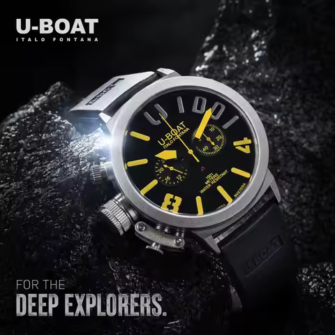U-BOAT Men's Quartz Chronograph Watch 44mm Stainless Steel Case Silicone Band 1001M Waterproof