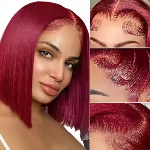 QVR 99J Red Bob Wig Lace Front Wig Burgundy Short Straight Bob 100% Human Hair Wig For Women 180 Den