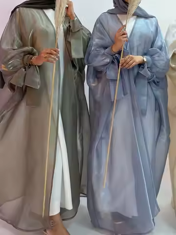 Summer Eid Djellaba Abaya Dubai Soft Kimono Puff Sleeves Muslim Silky Abaya Dubai Turkey Muslim abay