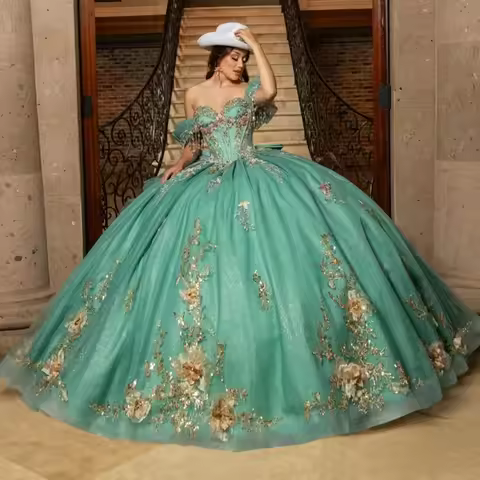 Customized Shiny Quinceanera Dresses with Gold Applique Flower Beading Bow Birthday Dress Corset Ruf