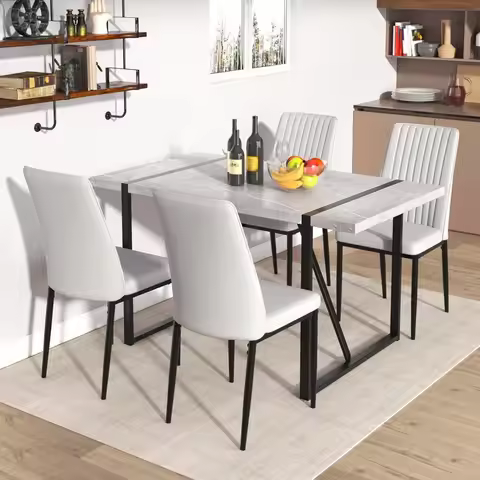 5 Piece Dining Table Set Dining Table Chairs Set with 4 Leather Chairs Rectangular Dining Table