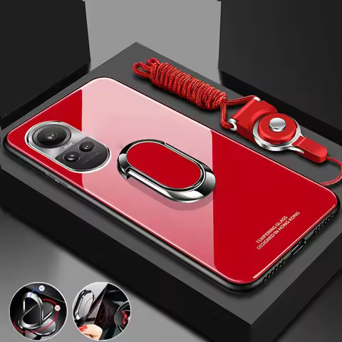 Tempered Glass Magnetic Ring Stand Holder Phone Case For OPPO Reno 10 Pro Plus Shockproof Lanyard Ba