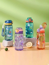 1pc 600ml/20.29oz Cartoon Transparent Plastic Sports Water Bottle, Cute Leak Proof Cup With Bouncing