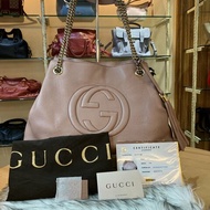 【舊愛新歡】GUCCI SOHO流蘇藕粉小牛皮雙肩包