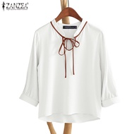 ZANZEA Women's Korean Style 3/4 Sleeve Contrast Color Blouse with Lace-Up Detail