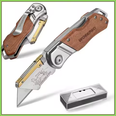 Folding Utility Knife with Belt Clip, 10 Extra Blades, Wood Handle Heavy Duty Cutter, Quick-change &
