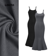 (Hot) Lovito Casual Dress Plain Fishtail Adjustable Buckle Slim Fit Dress for Women L36AD011 (Multi-