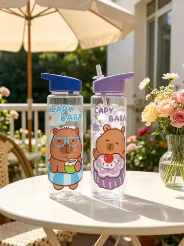 1 Piece 750ml (26 fl oz) Cartoon Printed Straw Cup, Summer Plastic Water Bottle, BPA Free, Portable