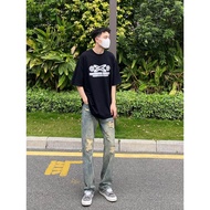 Guy's American Retro Washed Distressed Jeans - Perfect Fit for Men's Streetwear