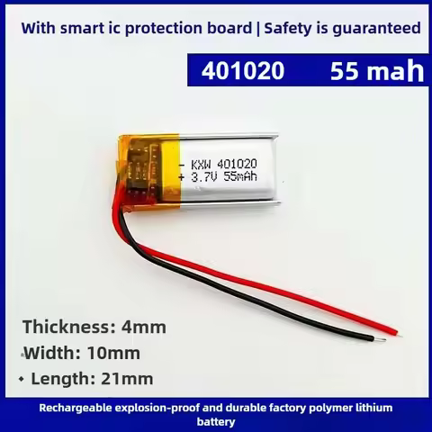 401020 3.7V Polymer Lithium Battery 55mAh Rechargeable for Watch Beauty Equipment,Bluetooth Earphone