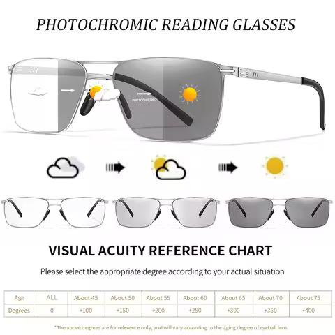 Fashion Photochromic Reading Glasses Vintage Rectangular Metal-Frame Eyeglasses Presbyopic Glasses D