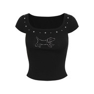 Weekend hub | เสื้อยืดคอเหลี่ยมประดับคริสตัล ทรงเข้ารูป